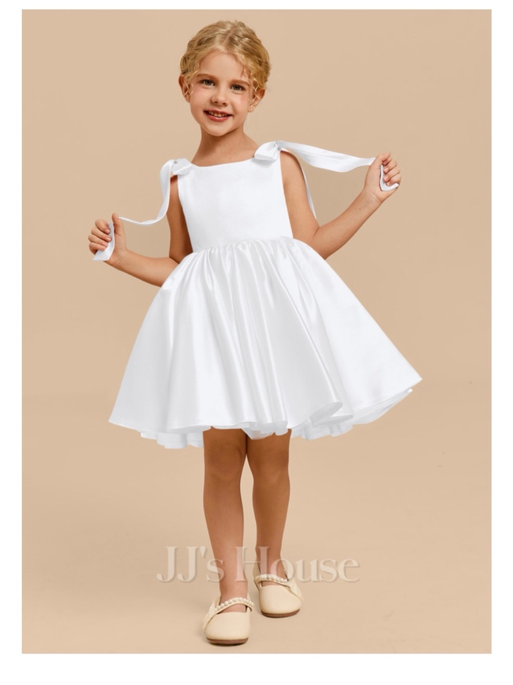 JJs House White Satin Flower Girl Dress with Shoulder Ties